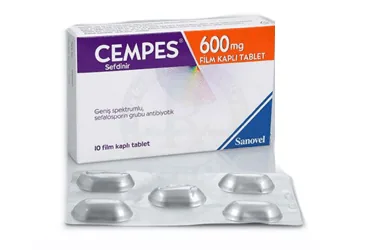 Sefdinir içeren film kaplı tablet: CEMPES 600 MG 10 FILM KAPLI TABLET kutusu. Üretici: SANOVEL İLAÇ SANAYİ VE TİCARET ANONİM ŞİRKETİ.