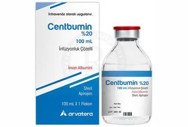 CENTBUMIN %20, 100 ML INFUZYONLUK ÇOZELTI (1 FLAKON) ambalajı, çözelti formunda human albumin içerir. Üretici: ARVATERA İLAÇ SANAYİ VE TİCARET ANONİM ŞİRKETİ.