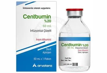 CENTBUMIN %20, 50 ML INFUZYONLUK ÇOZELTI (1 FLAKON) kutu fotoğrafı. Human albumin içeren çözelti. Üretici: ARVATERA İLAÇ SANAYİ VE TİCARET ANONİM ŞİRKETİ.