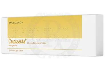CERAZETTE 75 MCG FILM KAPLI TABLET (28 TABLET) ambalajı. Desogestrel içeren film kaplı tablet. Üretici: ORGANON TURKEY İLAÇLARI LİMİTED ŞİRKETİ.