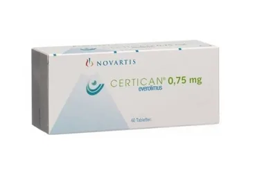Everolimus içeren tablet: CERTICAN 0.75 MG 60 TABLET kutusu. Üretici: NOVARTİS SAĞLIK GIDA VE TARIM ÜRÜNLERİ SANAYİ VE TİCARET ANONİM ŞİRKETİ.