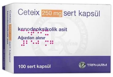 CETEIX 250 MG SERT KAPSUL (100 KAPSUL) kutu fotoğrafı. Kenodeoksikolik asit içeren kapsül. Üretici: INPHARMUS İLAÇ SANAYİ TİCARET ANONİM ŞİRKETİ.