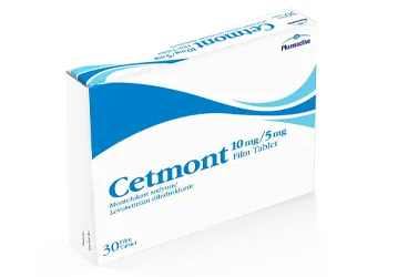 CETMONT 10 MG/5 MG FILM KAPLI TABLET (30 FILM KAPLI TABLET) ambalajı. Levosetirizin + montelukast içeren film kaplı tablet. Üretici: HUMANİS SAĞLIK ANONİM ŞİRKETİ.