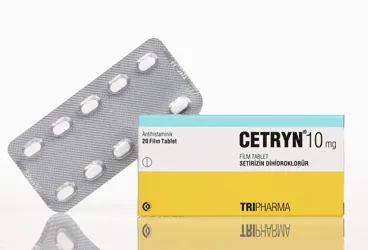 CETRYN 10 MG FILM KAPLI TABLET, 30 ADET (setirizin dihidroklorür) ürün ambalajı, film kaplı tablet. Üretici: TRIPHARMA İLAÇ SAN. VE TİC. A.Ş.