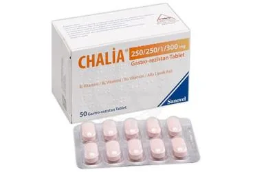 CHALIA 250/250/1/300 MG GASTRO-REZISTAN TABLET ( 50 TABLET ) kutu fotoğrafı. Vitamin b1;vitamin b6;vitamin b12;alfa lipoik asit içeren tablet. Üretici: SANOVEL İLAÇ SANAYİ VE TİCARET ANONİM ŞİRKETİ.