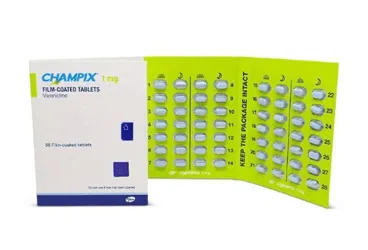 Varenicline içeren film kaplı tablet: CHAMPIX 1 MG 112 FILM KAPLI TABLET kutu fotoğrafı. Üretici: PFİZER PFE İLAÇLARI A.Ş.