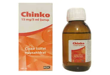CHINKO 15 MG/5 ML SURUP 100 ML ürün ambalajı. Çinko sülfat içeren şurup. Üretici: AVİS İLAÇ SANAYİİ VE TİCARET ANONİM ŞİRKETİ.