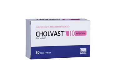 Atorvastatin içeren film kaplı tablet: CHOLVAST 10 MG 90 FİLM TABLET kutusu. Üretici: BİOFARMA İLAÇ SANAYİ VE TİCARET A.Ş.
