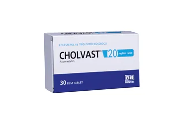 Atorvastatin içeren film kaplı tablet: CHOLVAST 20 MG 30 FILM KAPLI TABLET kutusu. Üretici: BİOFARMA İLAÇ SANAYİ VE TİCARET A.Ş.