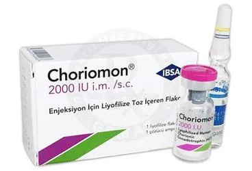 CHORIOMON 2000 IU ENJEKSIYONLUK LIYOFILIZE TOZ (1 FLAKON) (human korionik gonadotropin) kutusu, flakon. Üretici: IBSA İLAÇ SAN. VE TİC. LTD. ŞTİ.