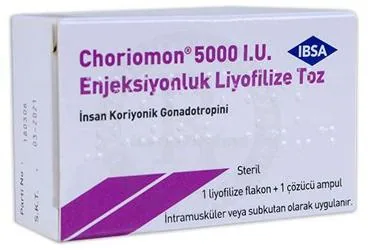 CHORIOMON 5000 IU IU ENJEKSIYONLUK LIYOFILIZE TOZ (1 FLAKON) ürün ambalajı. Human korionik gonadotropin içeren flakon. Üretici: IBSA İLAÇ SAN. VE TİC. LTD. ŞTİ.