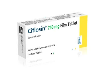 Siprofloksasin içeren film kaplı tablet: CIFLOSIN 750 MG 14 FILM TABLET kutu fotoğrafı. Üretici: DEVA HOLDİNG ANONİM ŞİRKETİ.