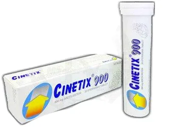 Asetilsistein içeren efervesan tablet: CINETIX 900 MG EFERVESAN TABLET (20 EFERVESAN TABLET) ambalajı. Üretici: CELTİS İLAÇ SANAYİ VE TİCARET ANONİM ŞİRKETİ.