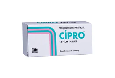CIPRO 250 MG 14 FILM KAPLI TABLET (siprofloksasin) ürün ambalajı, film kaplı tablet. Üretici: BİOFARMA İLAÇ SANAYİ VE TİCARET A.Ş.
