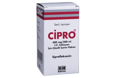 Siprofloksasin içeren çözelti: CIPRO 400 MG/200 ML IV İNFÜZYON İÇİN ÇÖZELTİ İÇEREN FLAKON ürün ambalajı. Üretici: BİOFARMA İLAÇ SANAYİ VE TİCARET A.Ş.