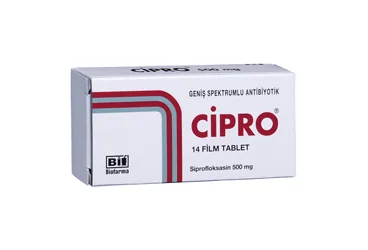 CIPRO 500 MG 14 FILM KAPLI TABLET kutusu, film kaplı tablet formunda siprofloksasin içerir. Üretici: BİOFARMA İLAÇ SANAYİ VE TİCARET A.Ş.