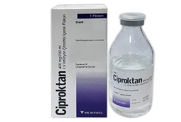 CIPROKTAN 400 MG/200 ML IV INF.COZ.ICEREN FLAKON kutu fotoğrafı. Siprofloksasin içeren flakon. Üretici: KOÇAK FARMA İLAÇ VE KİMYA SANAYİ A.Ş.