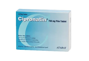 CIPRONATIN 750 MG 14 TABLET ürün ambalajı. Siprofloksasin içeren tablet. Üretici: ATABAY KİMYA SANAYİ VE TİC. A.Ş.