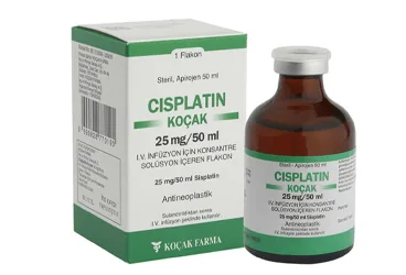 CISPLATIN-KOÇAK 25 MG/50 ML IV İNFÜZYON İÇİN KONSANTRE SOLÜSYON İÇEREN FLAKON ürün ambalajı. Sisplatin içeren flakon. Üretici: KOÇAK FARMA İLAÇ VE KİMYA SANAYİ A.Ş.