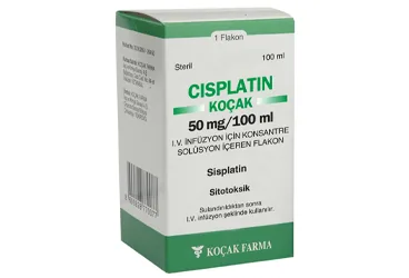 CISPLATIN-KOÇAK 50 MG/100 ML IV İNFÜZYON İÇİN KONSANTRE SOLÜSYON İÇEREN FLAKON kutu fotoğrafı, flakon formunda sisplatin içerir. Üretici: KOÇAK FARMA İLAÇ VE KİMYA SANAYİ A.Ş.