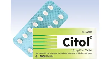 Sitalopram içeren tablet: CITOL 20 MG 28 TABLET ürün ambalajı. Üretici: ABDİ İBRAHİM İLAÇ SANAYİ VE TİCARET A.Ş.
