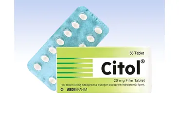 CITOL 20 MG 56 TABLET kutusu, tablet formunda sitalopram içerir. Üretici: ABDİ İBRAHİM İLAÇ SANAYİ VE TİCARET A.Ş.