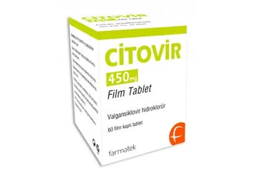 Valgansiklovir içeren film kaplı tablet: CITOVIR 450 MG FILM TABLET (60 TABLET) kutu fotoğrafı. Üretici: FARMA-TEK İLAÇ SANAYİ VE TİCARET A.Ş.