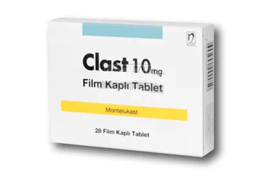 CLAST 10 MG 28 FİLM TABLET (montelukast sodyum) kutu fotoğrafı, film kaplı tablet. Üretici: NOBEL İLAÇ SAN. VE TİC. A.Ş.