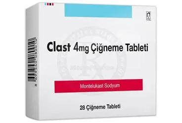 CLAST 4 MG 28 CIGNEME TABLETI (montelukast sodyum) ambalajı, çiğneme tableti. Üretici: NOBEL İLAÇ SAN. VE TİC. A.Ş.