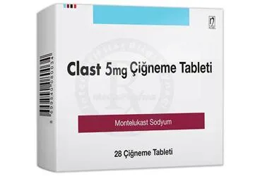 Montelukast sodyum içeren çiğneme tableti: CLAST 5 MG 28 CIGNEME TABLETI ambalajı. Üretici: NOBEL İLAÇ SAN. VE TİC. A.Ş.