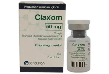 CLAXOM 50 MG IV INFUZYONLUK COZELTI HAZIRLAMADA KULLANILACAK KONSANTRE ICIN LIYOFILIZE TOZ ürün ambalajı. Kaspofungin asetat içeren çözelti. Üretici: CENTURİON İLAÇ SANAYİ VE TİCARET ANONİM ŞİRKETİ.