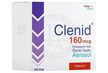 CLENID 160 MCG INHALASYON ICIN OLCULU DOZLU AEROSOL 120 DOZ ürün ambalajı. Siklesonid içeren inhalasyon aerosolü. Üretici: NEUTEC İNHALER İLAÇ SANAYİ VE TİCARET ANONİM ŞİRKETİ.