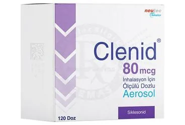 CLENID 80 MCG INHALASYON ICIN OLCULU DOZLU AEROSOL 120 DOZ ürün ambalajı. Siklesonid içeren inhalasyon aerosolü. Üretici: NEUTEC İNHALER İLAÇ SANAYİ VE TİCARET ANONİM ŞİRKETİ.