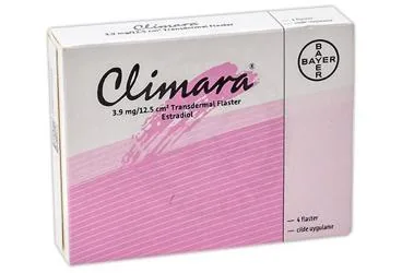 Estradiol içeren CLIMARA 3.9 MG/12.5 CM2 TRANSDERMAL FLASTER (4 ADET) ambalajı. Üretici: BAYER TÜRK KİMYA SAN. LTD. ŞTİ.