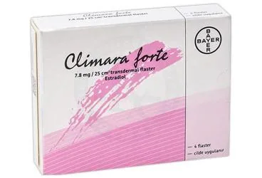 Estradiol içeren CLIMARA FORTE 7.8 MG /25 CM2 TRANSDERMAL FLASTER (4 ADET) ürün ambalajı. Üretici: BAYER TÜRK KİMYA SAN. LTD. ŞTİ.