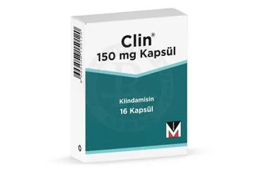 CLIN 150 MG 16 KAPSÜL ürün ambalajı. Klindamisin içeren kapsül. Üretici: MENARİNİ SAĞLIK VE İLAÇ SANAYİ TİCARET ANONİM ŞİRKETİ.