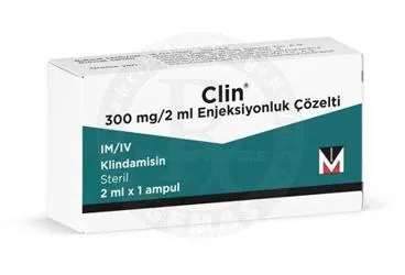 CLIN 300 MG/2 ML ENJEKSIYONLUK COZELTI (1 AMPUL) ambalajı. Klindamisin içeren çözelti. Üretici: MENARİNİ SAĞLIK VE İLAÇ SANAYİ TİCARET ANONİM ŞİRKETİ.