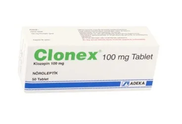 CLONEX 100 MG 50 TABLET ürün ambalajı. Klozapin içeren tablet. Üretici: ADEKA İLAÇ SANAYİ VE TİCARET A.Ş.