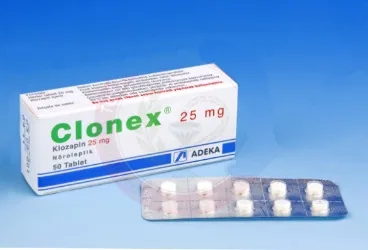 Klozapin içeren tablet: CLONEX 25 MG 50 TABLET kutu fotoğrafı. Üretici: ADEKA İLAÇ SANAYİ VE TİCARET A.Ş.