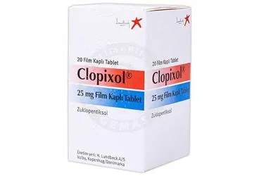 Zuklopentiksol içeren film kaplı tablet: CLOPIXOL 25 MG FILM KAPLI TABLET (20 TABLET) kutusu. Üretici: LUNDBECK İLAÇ TİC. LTD. ŞTİ.