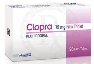Klopidogrel içeren film kaplı tablet: CLOPRA 75 MG 28 FILM TABLET ürün ambalajı. Üretici: DROGSAN İLAÇLARI SAN. VE TİC. A.Ş.