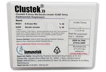 CLUSTEK 6 GRASS MIX/SECALE CEREALE 10.000 TU/ML ENJEKSIYONLUK SUSPANSIYON (1 FLAKON) (allerjen ekstratı) ambalajı, süspansiyon. Üretici: ALLERGOLIFE İLAÇ PAZARLAMA DANIŞMANLIK ARAÇ KİRALAMA VE TİCARET ANONİM ŞİRKETİ.