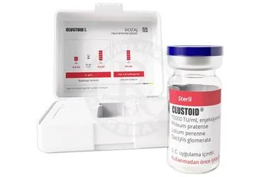 CLUSTOID 10000 TU/ML ENJEKSIYONLUK SUSPANSIYON (CIMENLER) ürün ambalajı. Allerjen ekstratı içeren süspansiyon. Üretici: ROXALL MEDİCİNE İLAÇ İTHALAT İHRACAT SANAYİ VE TİCARET LİMİTED ŞİRKETİ.