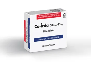 CO-IRDA 300 MG /25 MG 28 FILM TABLET kutu fotoğrafı, film kaplı tablet formunda irbesartan + hidroklorotiyazid içerir. Üretici: NOBEL İLAÇ SAN. VE TİC. A.Ş.
