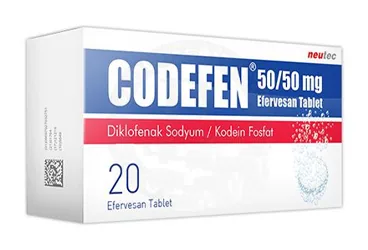 CODEFEN 50/50 MG 20 EFERVESAN TABLET kutu fotoğrafı, efervesan tablet formunda diklofenak + kodein içerir. Üretici: NEUTEC İLAÇ SANAYİ TİCARET ANONİM ŞİRKETİ.