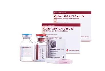 Koagülasyon faktör 2,7,9,10 içeren flakon: COFACT 10 ML IV ENJ. ICIN COZ. ICEREN FLAKON kutusu. Üretici: CENTURİON İLAÇ SANAYİ VE TİCARET ANONİM ŞİRKETİ.