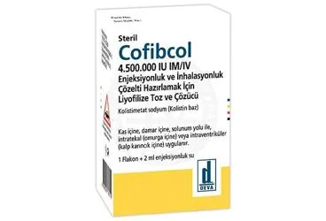 Kolistin içeren inhalasyon aerosolü: COFIBCOL 4.500.000 IU IM/IV ENJEKSIYONLUK VE INHALASYONLUK COZELTI HAZIRLAMAK ICIN LIYOFILIZE TOZ VE COZUCU (1 FLAKON) ürün ambalajı. Üretici: DEVA HOLDİNG ANONİM ŞİRKETİ.