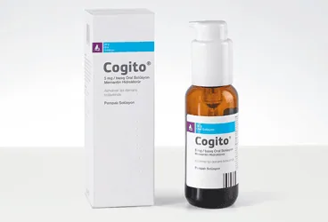 COGITO 5 MG/BASIS ORAL COZELTI (50G) ürün ambalajı. Memantin içeren çözelti. Üretici: SANTA FARMA İLAÇ SAN. A.Ş.
