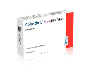 COLASTIN-L 20 MG 30 FİLM TABLET kutusu. Atorvastatin içeren film kaplı tablet. Üretici: DEVA HOLDİNG ANONİM ŞİRKETİ.