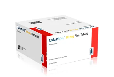 Atorvastatin içeren film kaplı tablet: COLASTIN-L 80 MG 30 FİLM TABLET ürün ambalajı. Üretici: DEVA HOLDİNG ANONİM ŞİRKETİ.